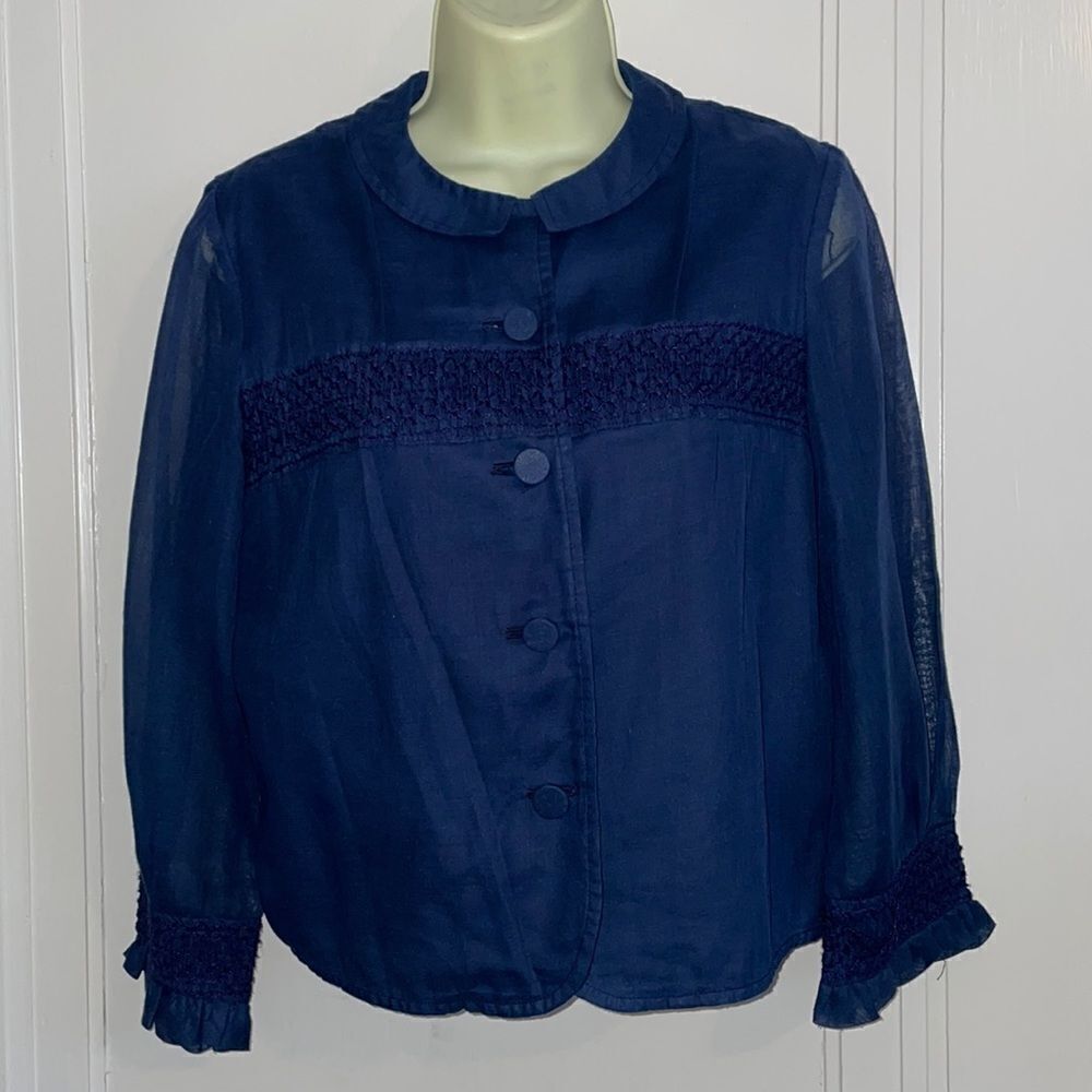 Vtg‎ 60s Bobbie Brooks navy blue smocked cropped shirt with 3/4 sleeves